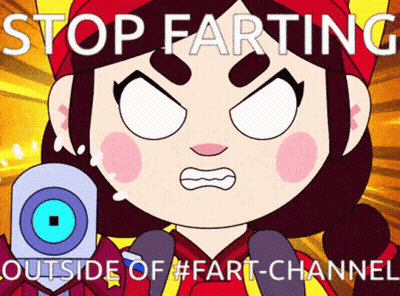 A Cartoon Of A Girl With The Words Stop Farting Outside Of #Fart-Channel GIF