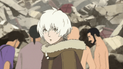 A Cartoon Of A Girl With White Hair Standing In A Crowd GIF