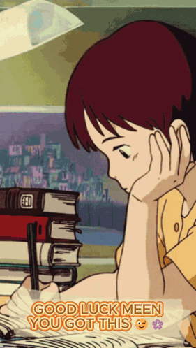 A Cartoon Of A Girl Writing In A Notebook With The Words " Good Luck Meen You Got This " GIF
