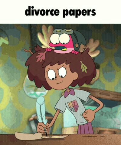 A Cartoon Of A Girl Writing On A Piece Of Paper With The Words Divorce Papers Above Her GIF