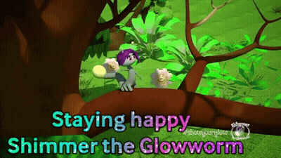 A Cartoon Of A Glowworm Sitting On A Tree Branch With The Words Staying Happy Shimmer The Glowworm GIF
