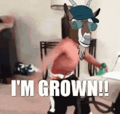 A Cartoon Of A Goat With The Words I 'M Grown Written Below It GIF