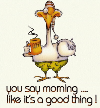 A Cartoon Of A Goose Holding A Cup Of Coffee With The Words " You Say Morning Like It 'S A Good Thing " GIF