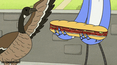 A Cartoon Of A Goose Looking At A Sandwich Being Held By A Bird With The Caption Linefromdisagreement GIF