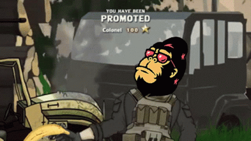 A Cartoon Of A Gorilla Holding A Banana With The Words " You Have Been Promoted " Above Him GIF
