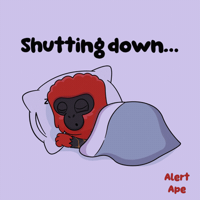A Cartoon Of A Gorilla Sleeping Under A Blanket With The Words Shutting Down Above It GIF