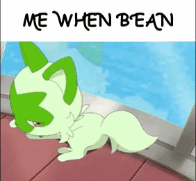 A Cartoon Of A Green And White Animal With The Words `` Me When Bean '' On The Bottom . GIF