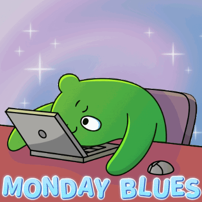 A Cartoon Of A Green Bear Using A Laptop With The Words Monday Blues Written Below It GIF