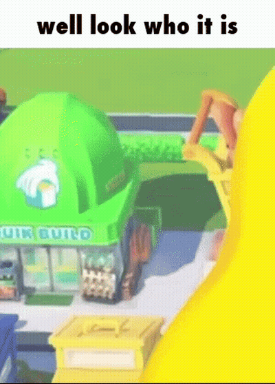 A Cartoon Of A Green Building With The Words `` Well Look Who It Is '' Written On It . GIF