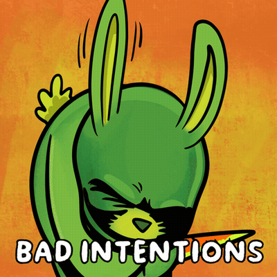 A Cartoon Of A Green Bunny With A Carrot In Its Mouth And The Words Bad Intentions Below It GIF