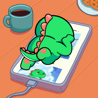 A Cartoon Of A Green Dinosaur Laying On A Cell Phone GIF