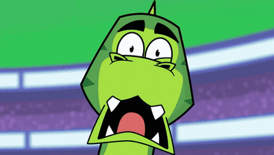 A Cartoon Of A Green Dinosaur With A Surprised Look On His Face GIF