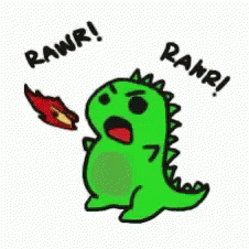 A Cartoon Of A Green Dinosaur With Its Mouth Open And The Words Rawr Written Above It . GIF