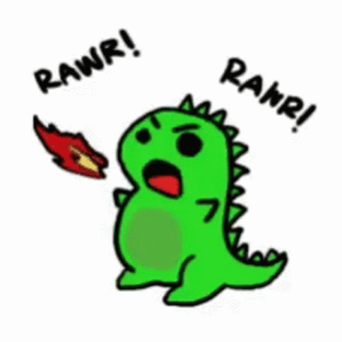 A Cartoon Of A Green Dinosaur With The Words Rawr ! GIF