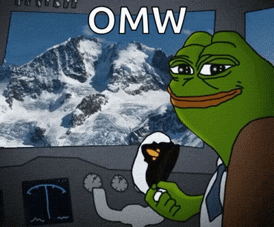 A Cartoon Of A Green Frog Holding A Steering Wheel With The Word Omw Above It GIF