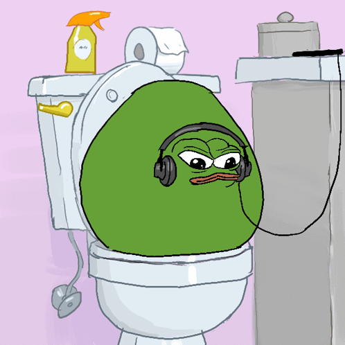 A Cartoon Of A Green Frog Wearing Headphones Sitting In A Toilet GIF