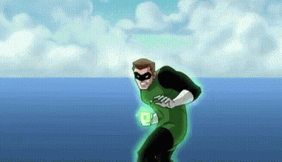 A Cartoon Of A Green Lantern Flying Through The Air . GIF