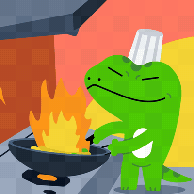 A Cartoon Of A Green Lizard Wearing A Chef 'S Hat Cooking GIF