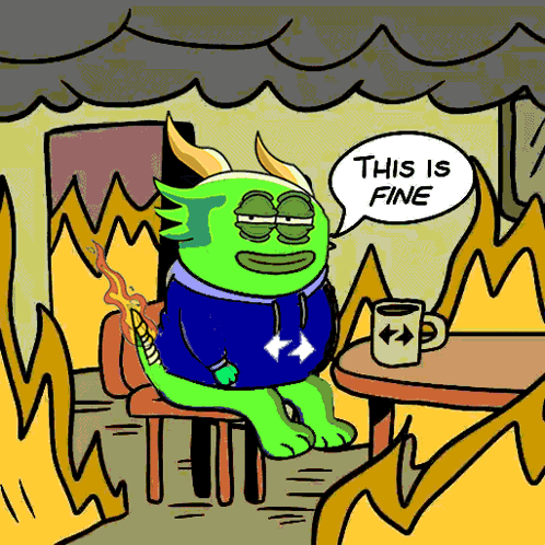 A Cartoon Of A Green Monster Sitting At A Table Saying This Is Fine GIF