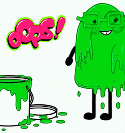 A Cartoon Of A Green Monster With Glasses Standing Next To A Bucket Of Green Paint With The Word Oops Above It GIF