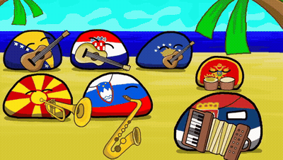 a cartoon of a group of balls playing instruments on a beach