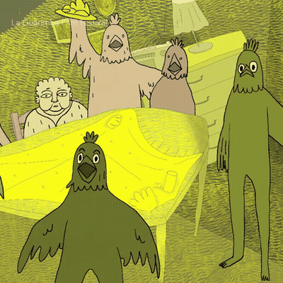 A Cartoon Of A Group Of Birds Standing Around A Table With The Words La Guardia Film Festival On The Bottom Right GIF