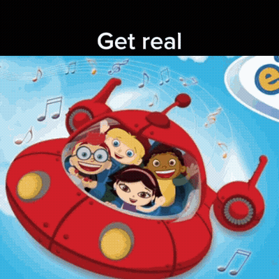 A Cartoon Of A Group Of Children Riding In A Red Spaceship With The Words Get Real At The Top GIF