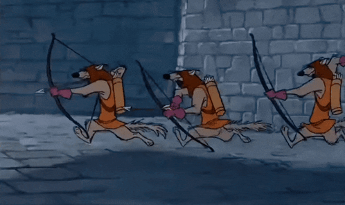 A Cartoon Of A Group Of Foxes Holding Bows And Arrows GIF