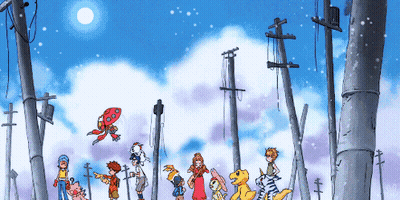 A Cartoon Of A Group Of Kids And Their Digimon GIF