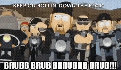 A Cartoon Of A Group Of Men Riding Motorcycles With The Words `` Keep On Rollin Down The Road '' . GIF