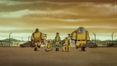 A Cartoon Of A Group Of People In Yellow Suits GIF