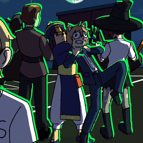 A Cartoon Of A Group Of People Including A Witch And A Cat GIF