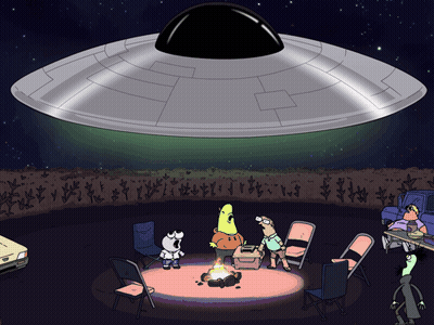 A Cartoon Of A Group Of People Sitting Around A Campfire With An Ufo Flying Overhead GIF