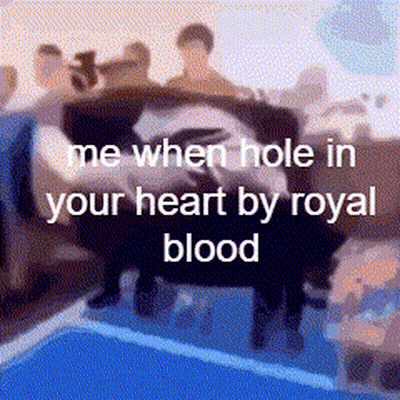 A Cartoon Of A Group Of People Standing Around A Couch With The Words `` Me When Hole In Your Heart By Royal Blood '' . GIF