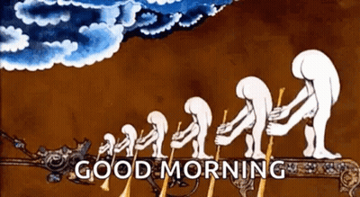 A Cartoon Of A Group Of People Standing Next To Each Other With The Words `` Good Morning '' Written Below Them . GIF