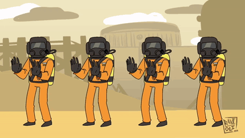 A Cartoon Of A Group Of People Wearing Gas Masks And Gloves With The Letters Rnz On The Bottom GIF