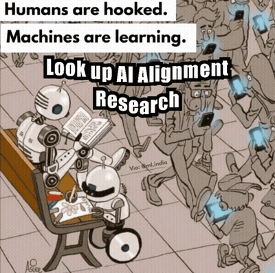A Cartoon Of A Group Of People With The Caption " Humans Are Hooked Machines Are Learning " GIF