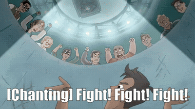 A Cartoon Of A Group Of People With The Words " Chanting Fight Fight Fight " On The Bottom GIF
