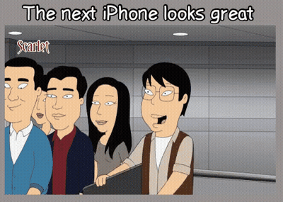 A Cartoon Of A Group Of People With The Words " The Next Iphone Looks Great " GIF