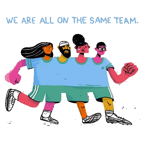 A Cartoon Of A Group Of People With The Words We Are All On The Same Team Above Them Sticker
