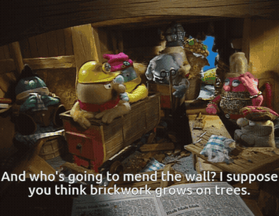A Cartoon Of A Group Of Stuffed Animals With A Caption That Says " And Who 'S Going To Mend The Wall ? GIF
