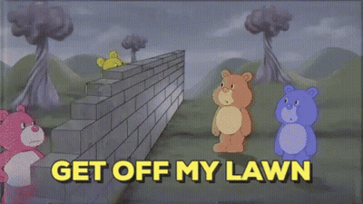 A Cartoon Of A Group Of Teddy Bears With Guns Says Get Off My Lawn GIF