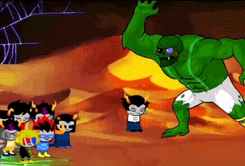 A Cartoon Of A Group Of Trolls Standing Around A Green Monster . GIF