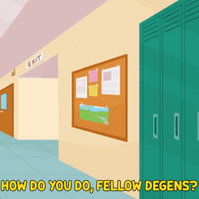 A Cartoon Of A Hallway With The Words How Do You Do Fellow Degens Below It GIF