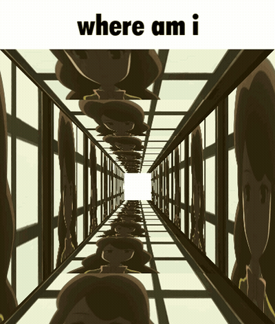 A Cartoon Of A Hallway With The Words " Where Am I " On The Bottom GIF