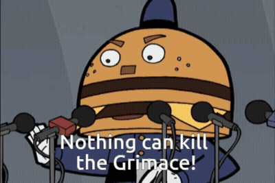 A Cartoon Of A Hamburger Speaking Into Microphones With The Words " Nothing Can Kill The Grimace " GIF