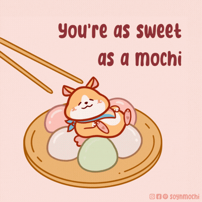 A Cartoon Of A Hamster Eating Mochi With Chopsticks And The Words " You 'Re As Sweet As A Mochi " GIF
