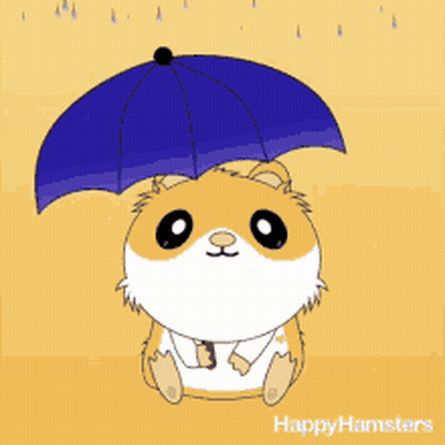 A Cartoon Of A Hamster Holding An Umbrella With The Words Happy Hamsters On The Bottom GIF