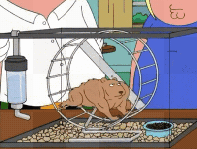 A Cartoon Of A Hamster Running In A Hamster Wheel With A Man Standing Behind It GIF