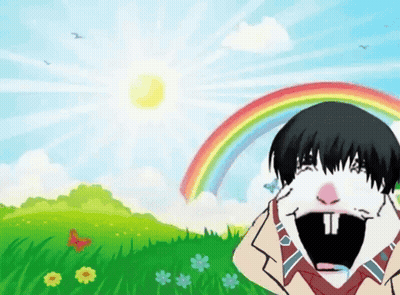 A Cartoon Of A Hamster Standing In A Grassy Field With A Rainbow In The Background GIF